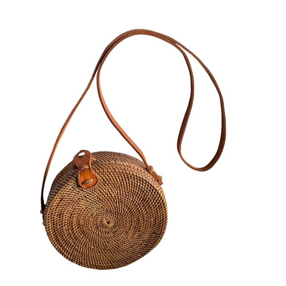 Straw Studios Hand Woven Circular Round Shoulder Crossbody Bag Women's Brown - Picture 2 of 9